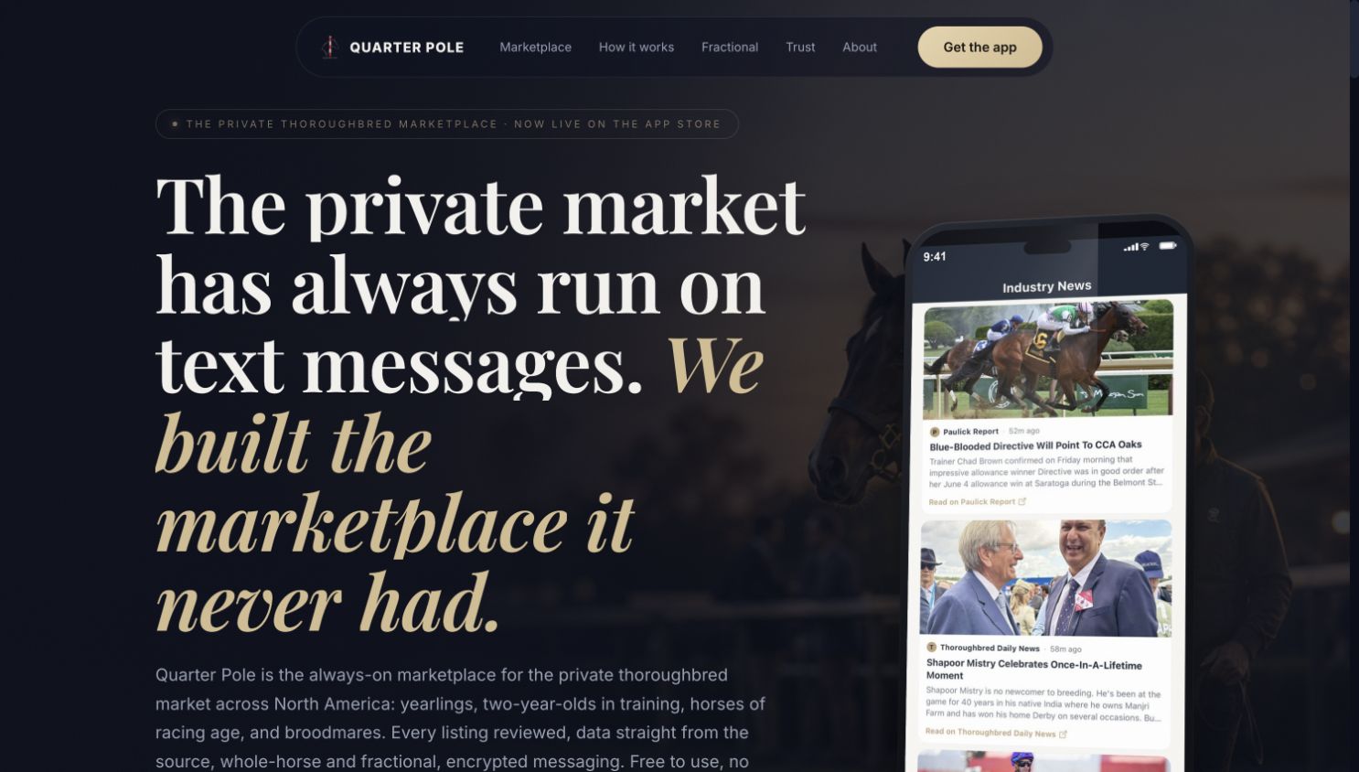 Quarter Pole mobile app website designed for thoroughbred owners